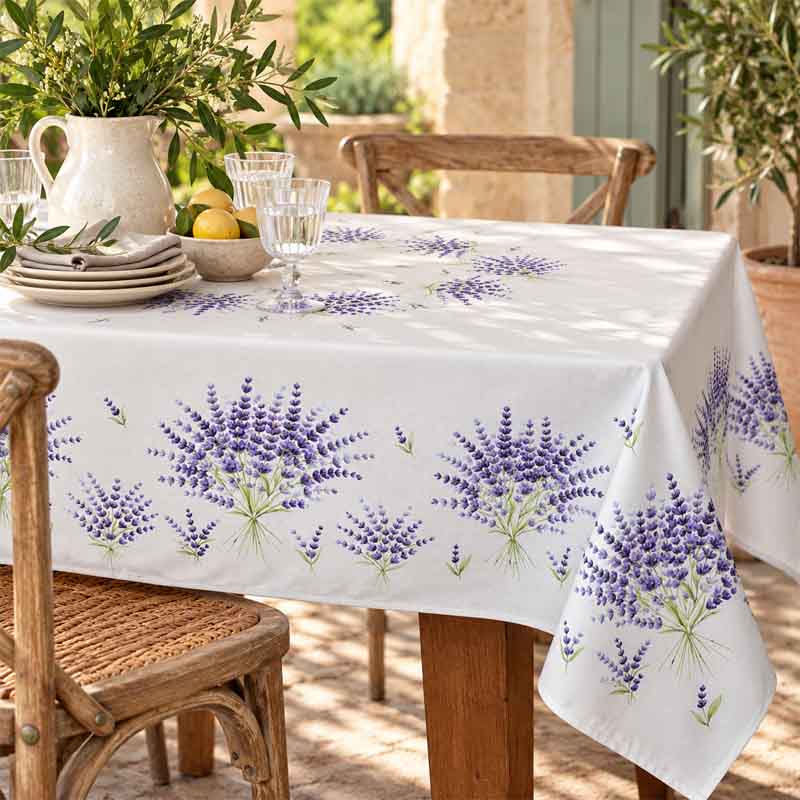 A light grey background tablecloth with a repeating purple lavender bouquet pattern, draped over a wooden dining table set with plates, glasses, and a pitcher in a sunlit outdoor patio.