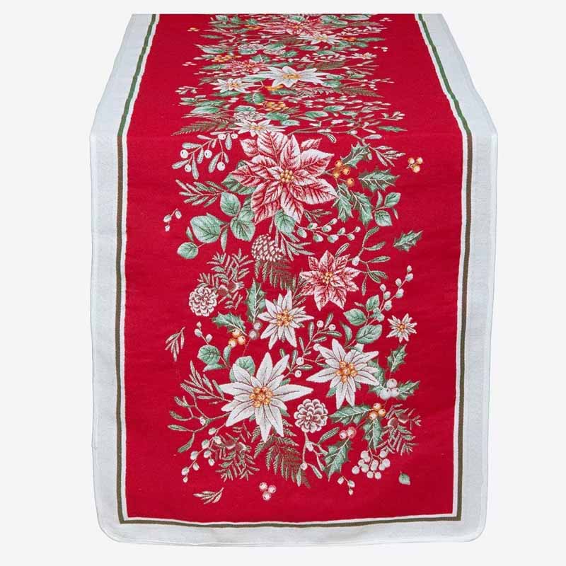 A festive Christmas table runner with a vibrant red background, featuring a detailed floral and botanical pattern in white, green, and gold, finished with a white border.