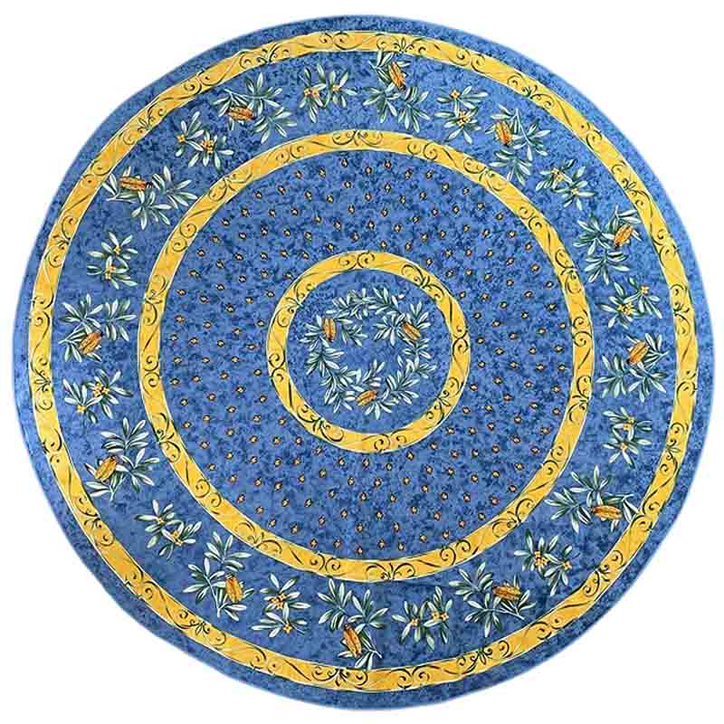 Round blue tablecloth with floral patterns and yellow accents on a white background