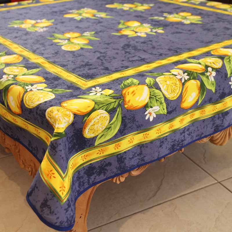 Tablecloth with lemon pattern on a table