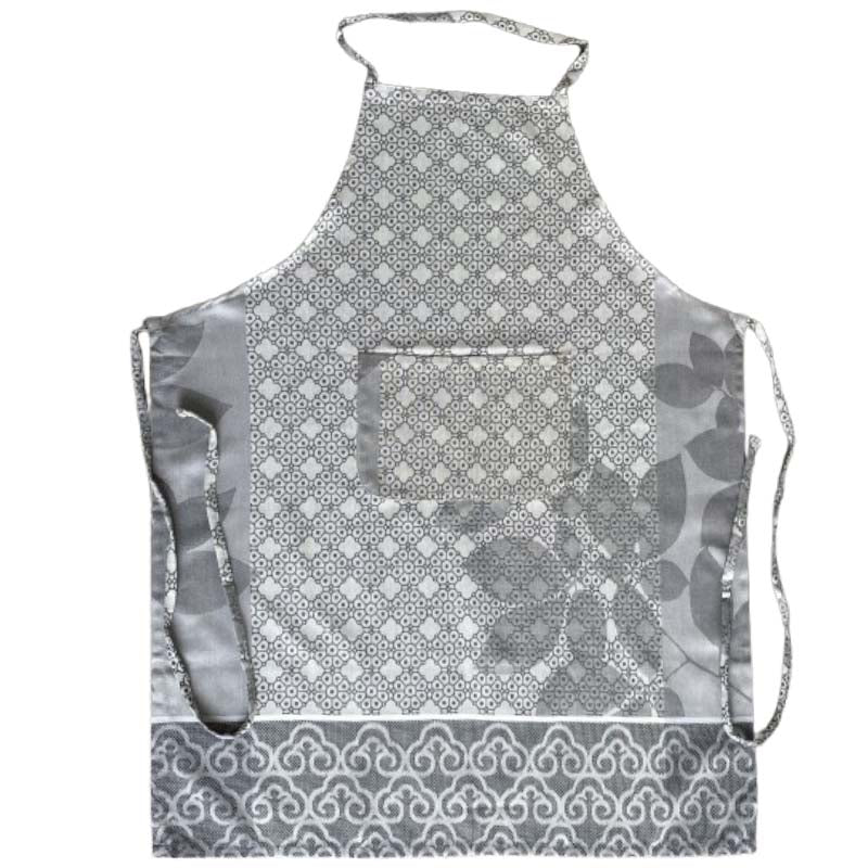 Floral patterned grey apron on a white background