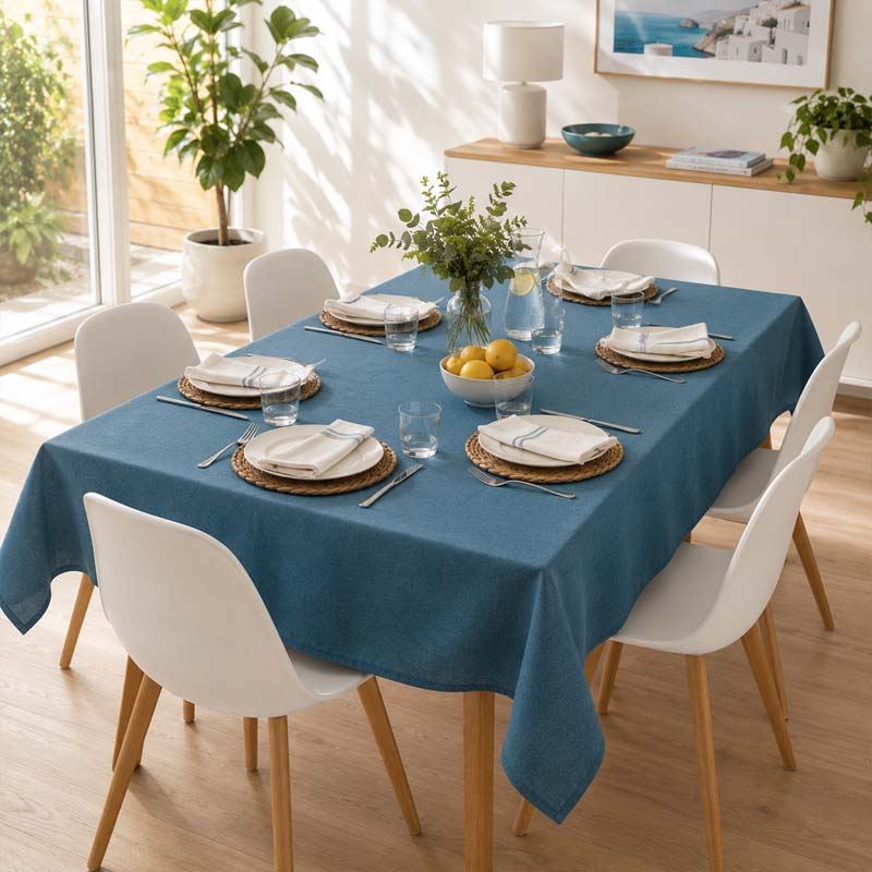 A blue rectangular tablecloth with a subtle woven texture draped over a dining table set with white chairs, plates, and glasses in a bright, modern dining room.