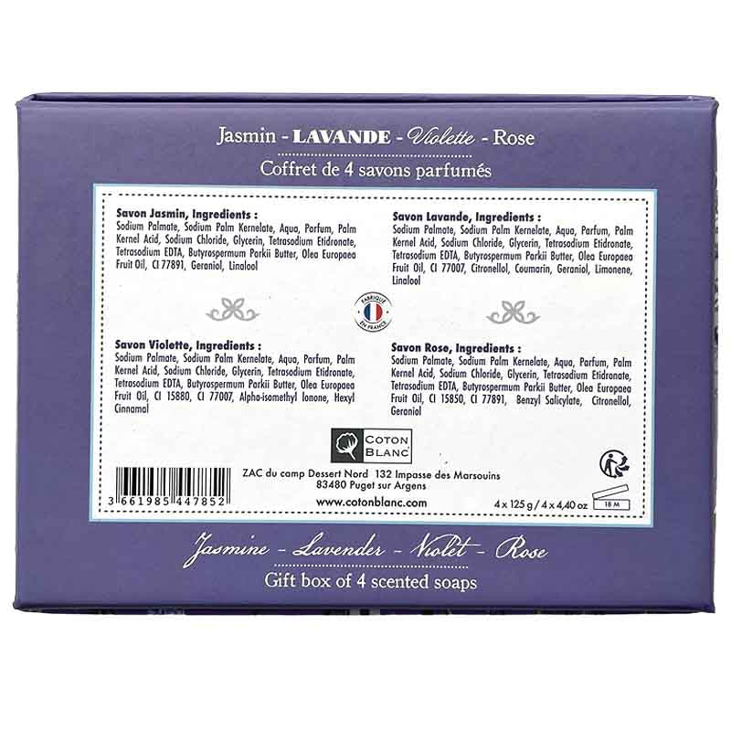 Back of a purple soap packaging box with text and branding