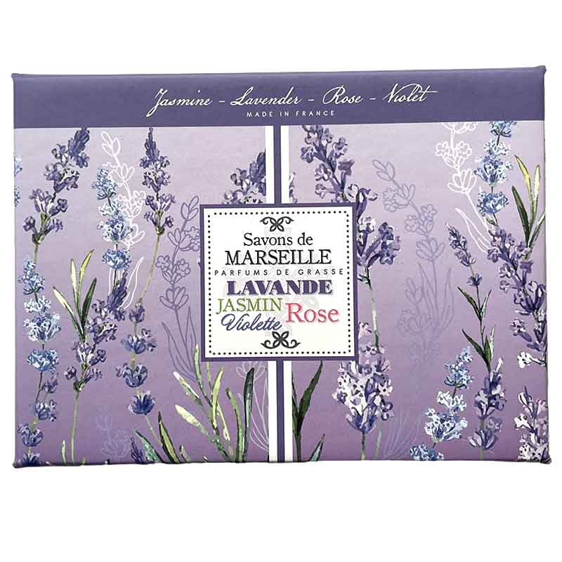 Packaging of Savons de Marseille soap with lavender design and text.
