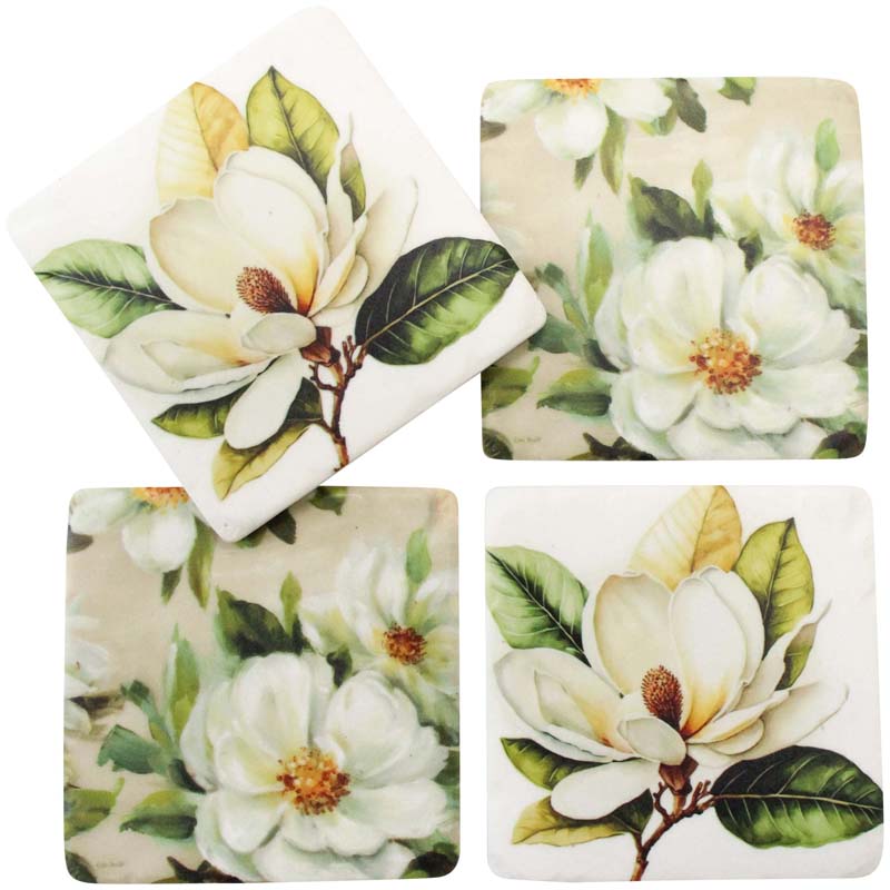 Magnolia design resin drink coasters. Set of 4 with cork backing.