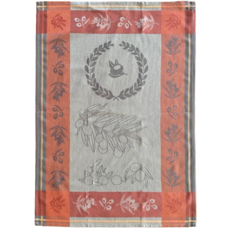 Decorative towel with floral patterns and a central design on a red and gray background