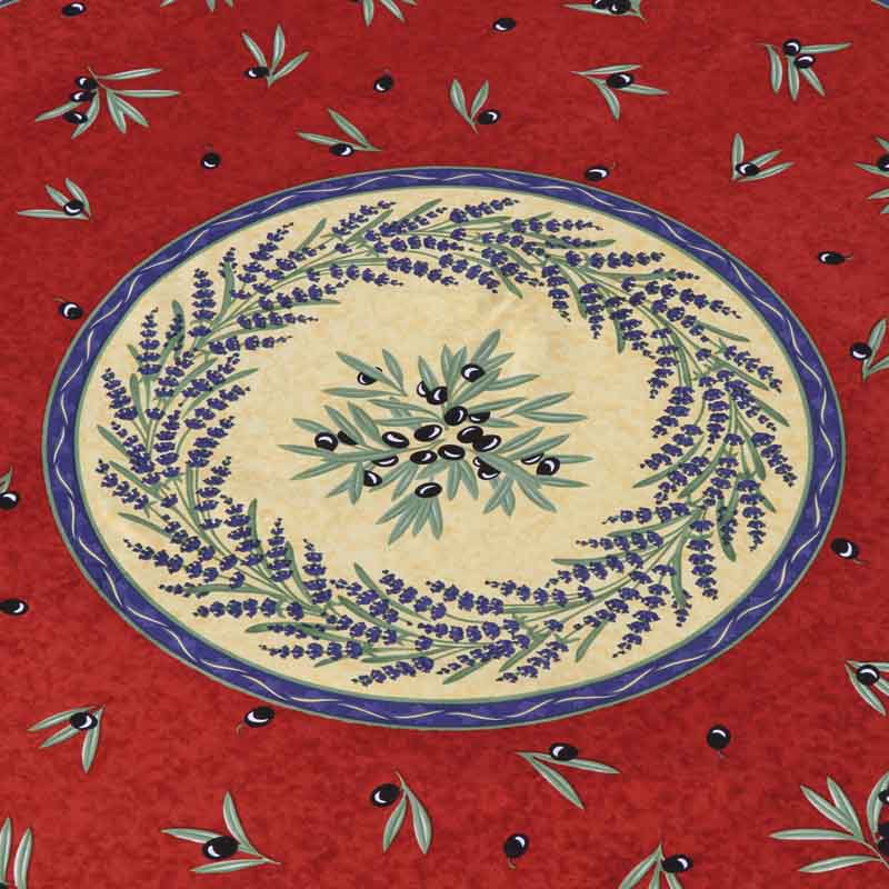Decorative tablecloth centre with lavender and olive design on a red background