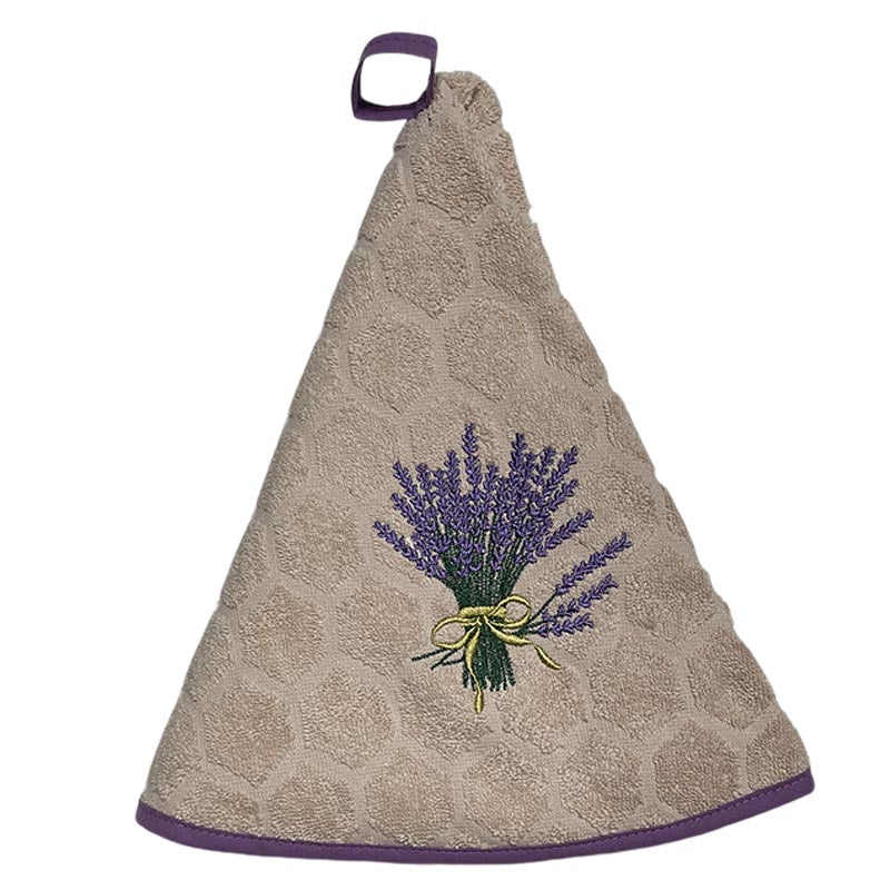 Beige towel with embroidered lavender design on a white background