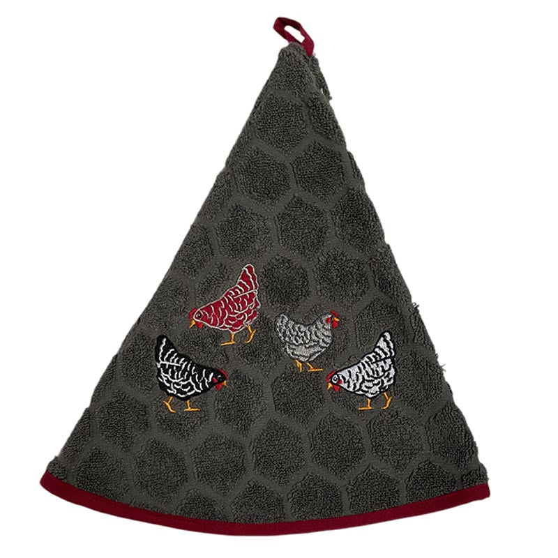 Round hand towel with chicken designs on a white background