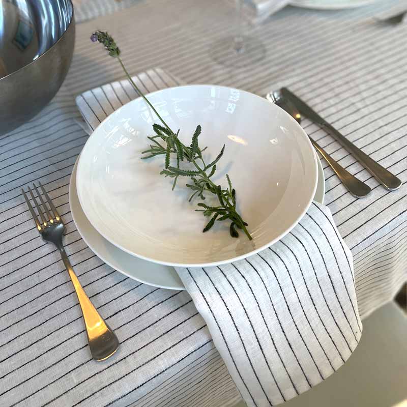 White w black stripe French linen tablecloth