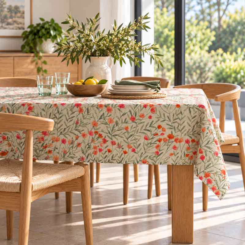 Wild Poppy floral tablecloth on a rectangular dining table with green napkins
