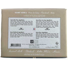 The back of a cardboard gift box for Coton Planning scented soaps, featuring product details for 'Aloe Vera - Fleur de Coton - Patchouli - Rose' in French and English, with a barcode and product ingredients listed on a white label.