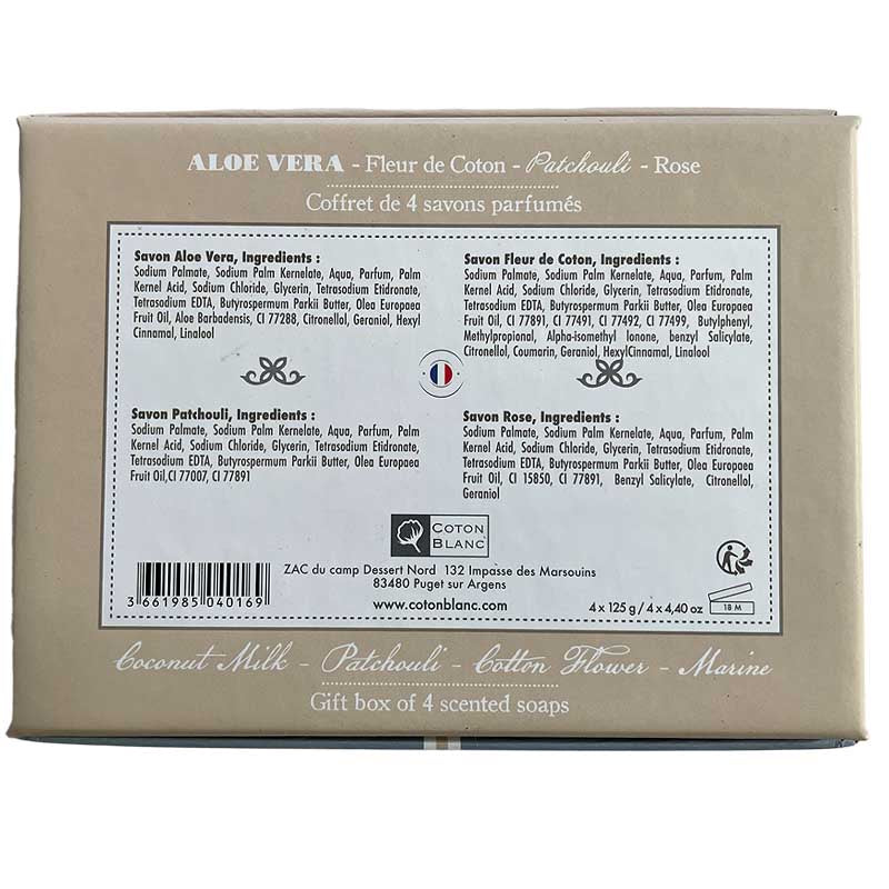 The back of a cardboard gift box for Coton Planning scented soaps, featuring product details for 'Aloe Vera - Fleur de Coton - Patchouli - Rose' in French and English, with a barcode and product ingredients listed on a white label.