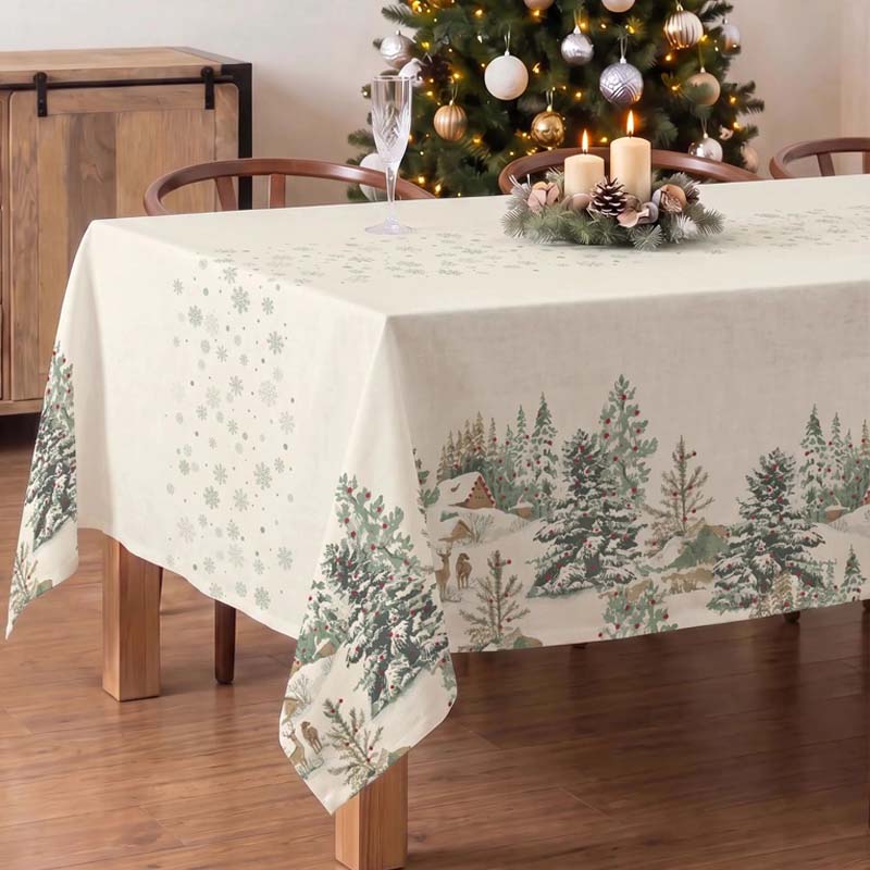 Christmas tablecloth with fir trees and deer design on the side borders.