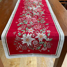 A festive Christmas table runner with a vibrant red background, featuring a detailed floral and botanical pattern in white, green, and gold, finished with a white border.