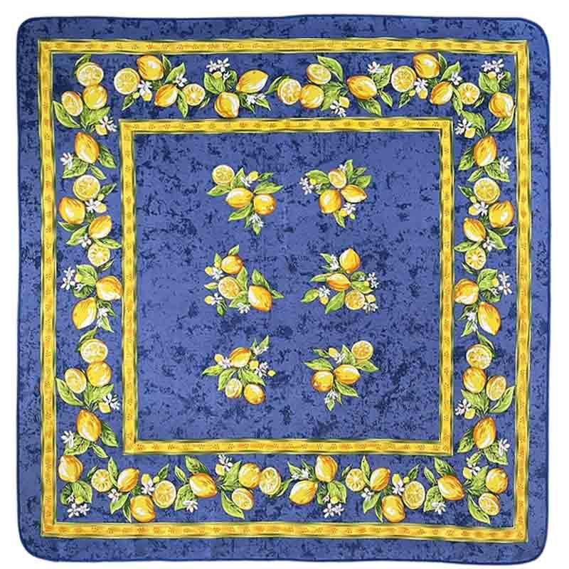 Design of square tablecloth with lemons a a blue background