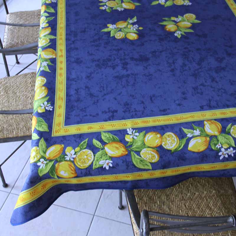 Tablecloth with lemon design on a blue background