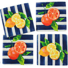 Set of 4 resin drink coasters in Citrus Blue design. Cork backing. Oranges and lemons on a navy blue and white striped background.