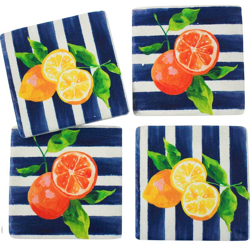 Set of 4 resin drink coasters in Citrus Blue design. Cork backing. Oranges and lemons on a navy blue and white striped background.
