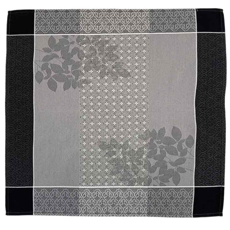 Gray patterned jacquard napkin with floral designs on a black border