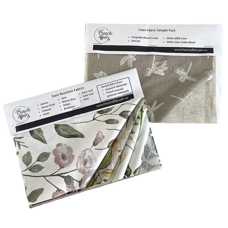 Two packaged fabric sample packs from French Affair's range. A stain-resistant fabric pack and a linen fabric sample pack.
