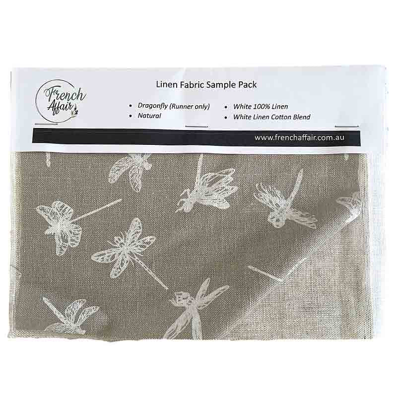A packaged linen fabric sample pack from French Affair's, showing a light brown linen fabric printed with white dragonflies on a white header card.
