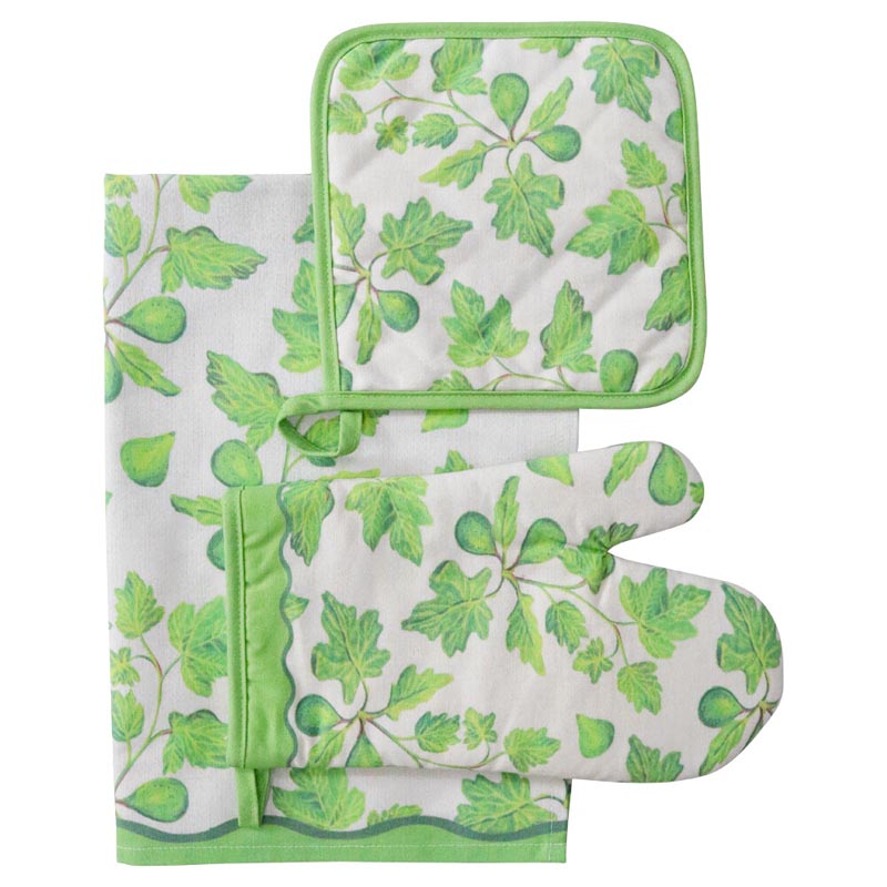 Set of green leaf-patterned oven mitt, pot holder, and towel on a white background