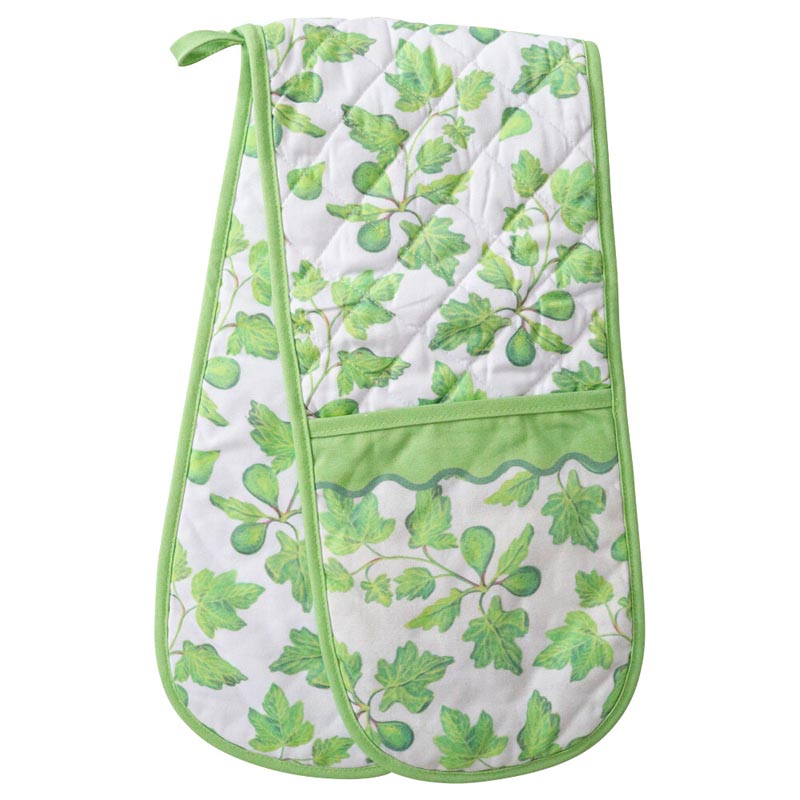 Double oven mitt with green leaf pattern on a white background