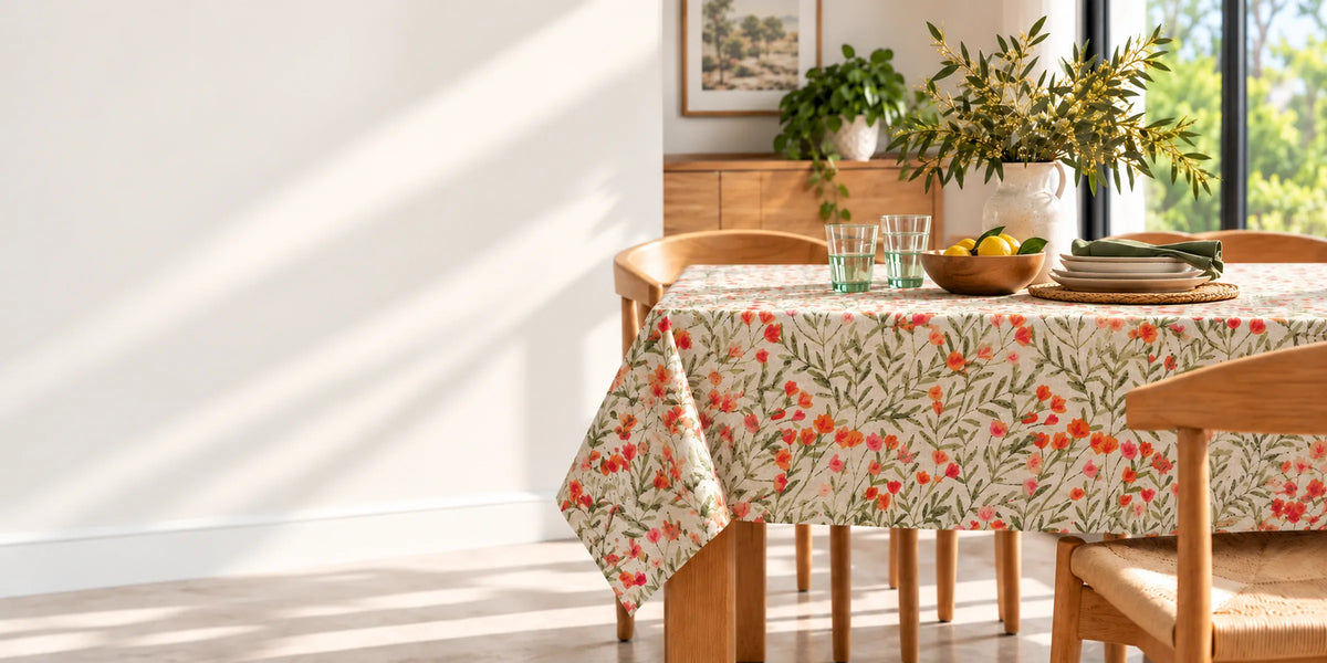 Wild Poppy floral tablecloth on a wooden dining table