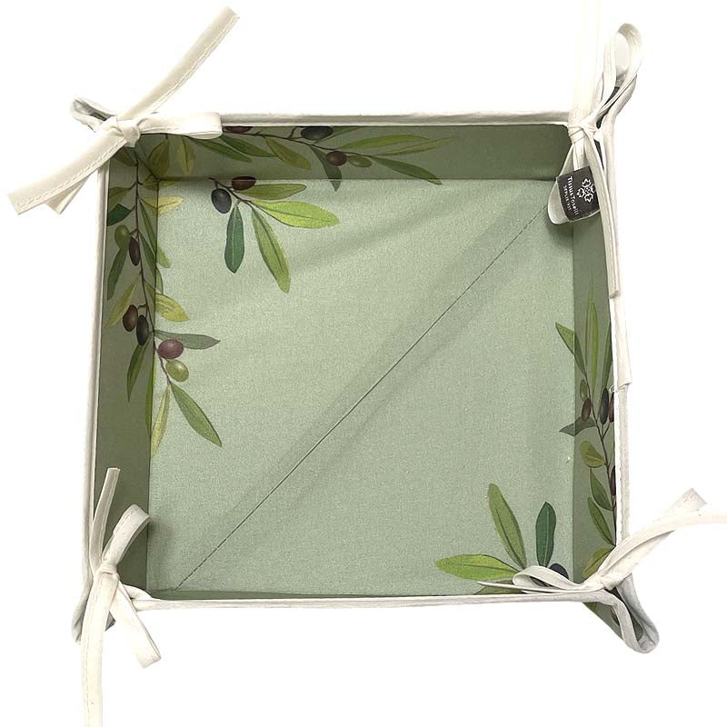 Green bread basket with olive leaves design. Tied in the corners with cream bows.