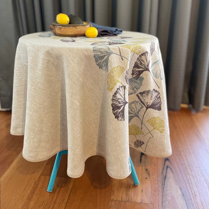 Ginkgo Round Natural Linen Tablecloth