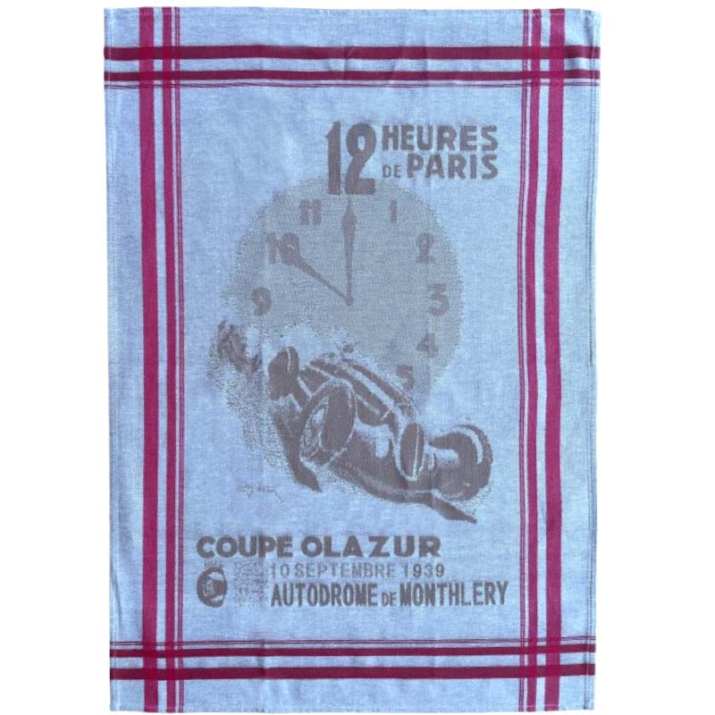 Tea towel with race car and clock design on a blue background with red plaid border