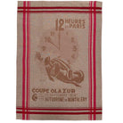 Tea towel with vintage race car design and text