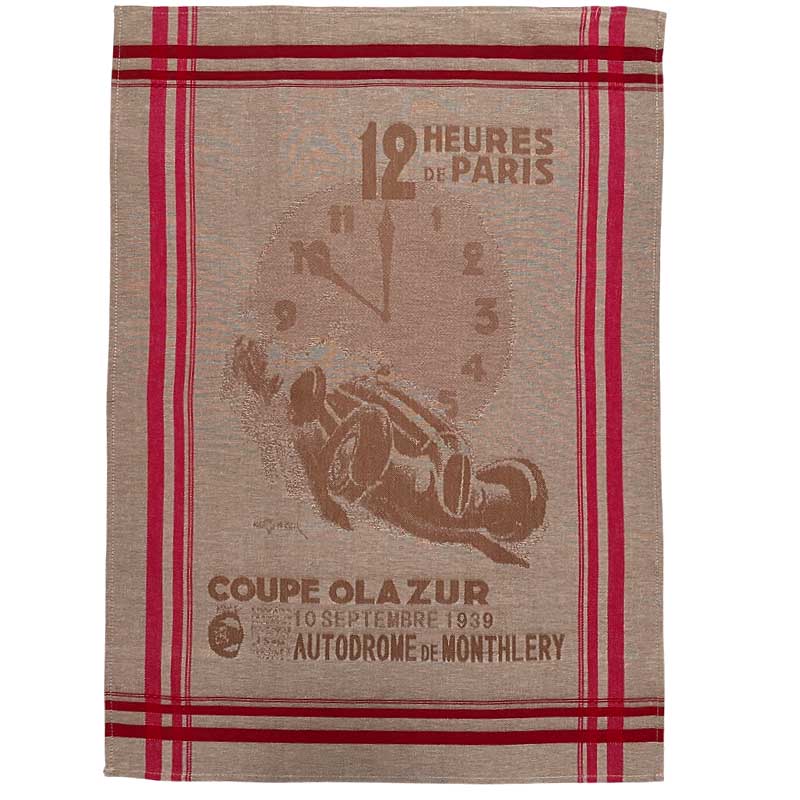 Tea towel with vintage race car design and text