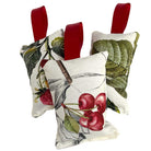 Hanging lavender sachets with cherry pattern and red hanging ribbon.