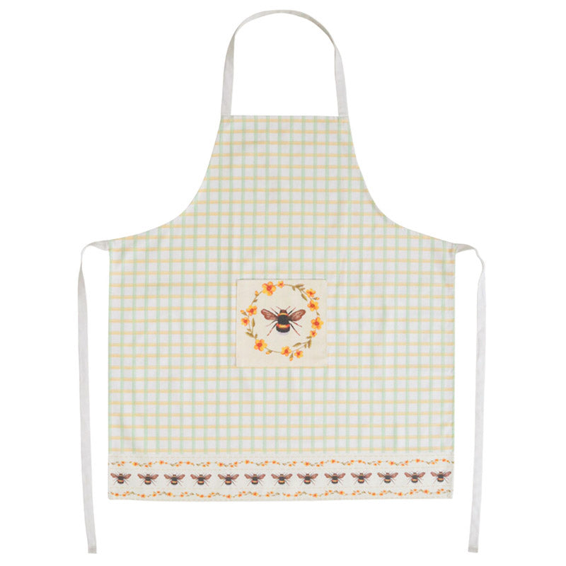Checkered apron with bee design on a white background