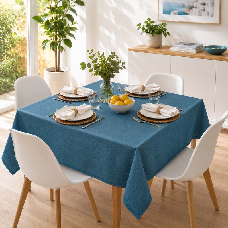 A blue square tablecloth with draped corners is shown on a dining table set with white chairs, plates, napkins, glasses, and a bowl of lemons in a bright, modern kitchen or dining room.