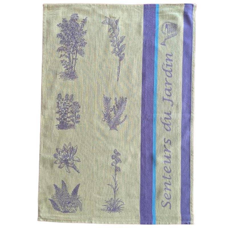 Towel with lavender designs and a purple stripe on a white background