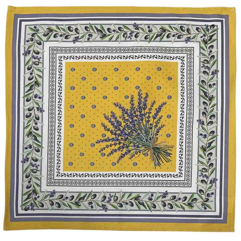 A square yellow napkin featuring a central bouquet of lavender, surrounded by a white and gray patterned border with green leaves and purple flowers.