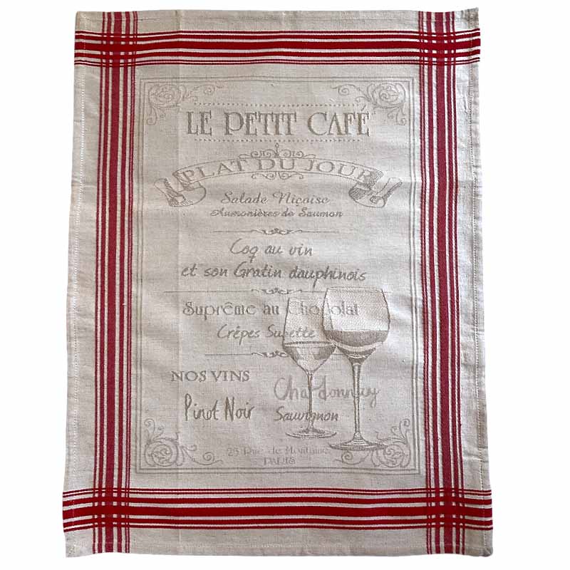 Le Petit Cafe design in a jacquard French tea towel