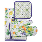 Set of oven mitt and pot holder with fruit and geometric pattern design on a white background