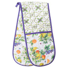 Double oven mitt with floral and fruit pattern on a white background