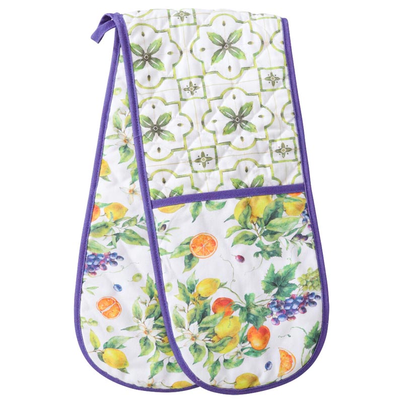Double oven mitt with floral and fruit pattern on a white background