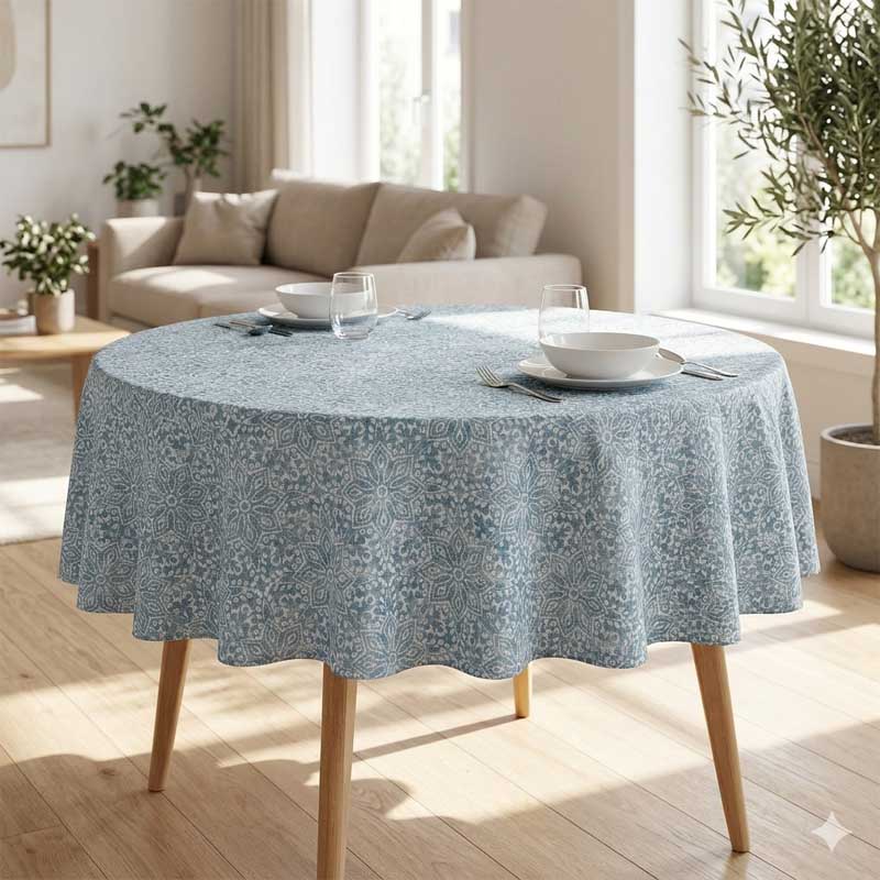 A round dining table covered with a light blue and white floral patterned tablecloth, set in a bright, modern living room with wooden floors and a beige sofa in the background.