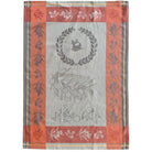 Decorative towel with floral patterns and a central design on a red and gray background