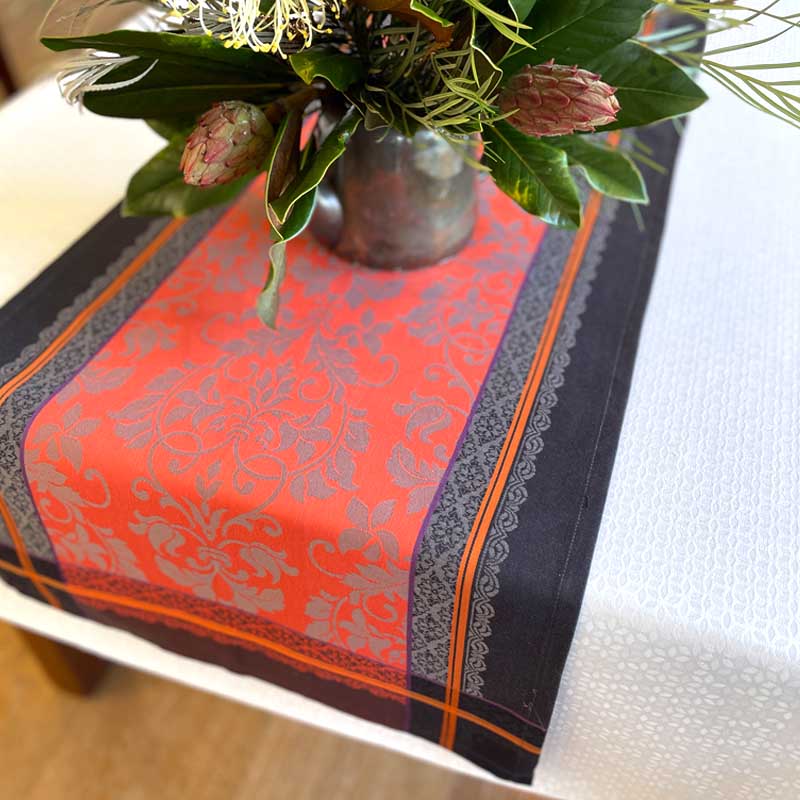 Decorative tablecloth with floral arrangement on a white surface