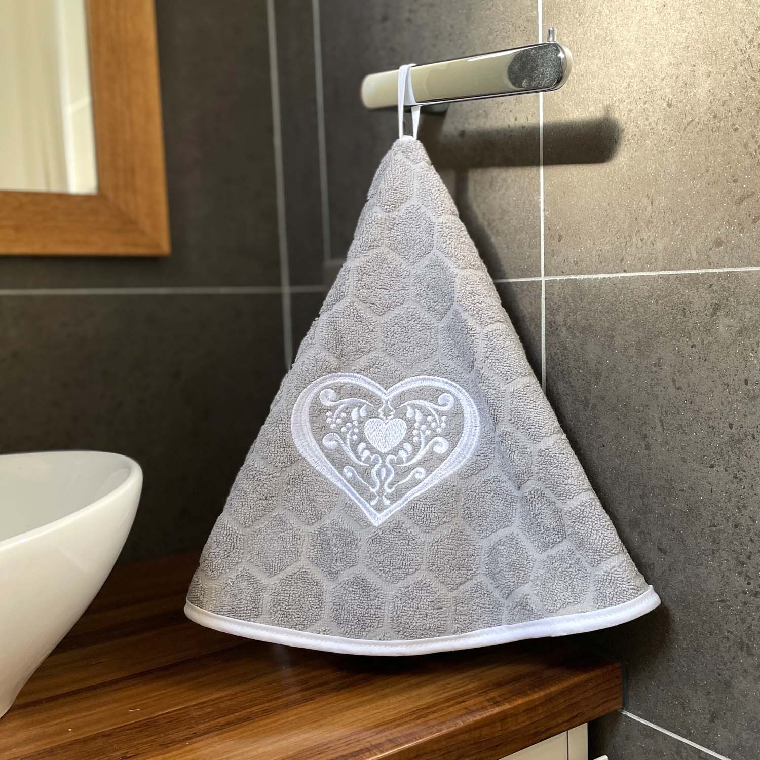 Round French Hand Towel Heart Light Grey