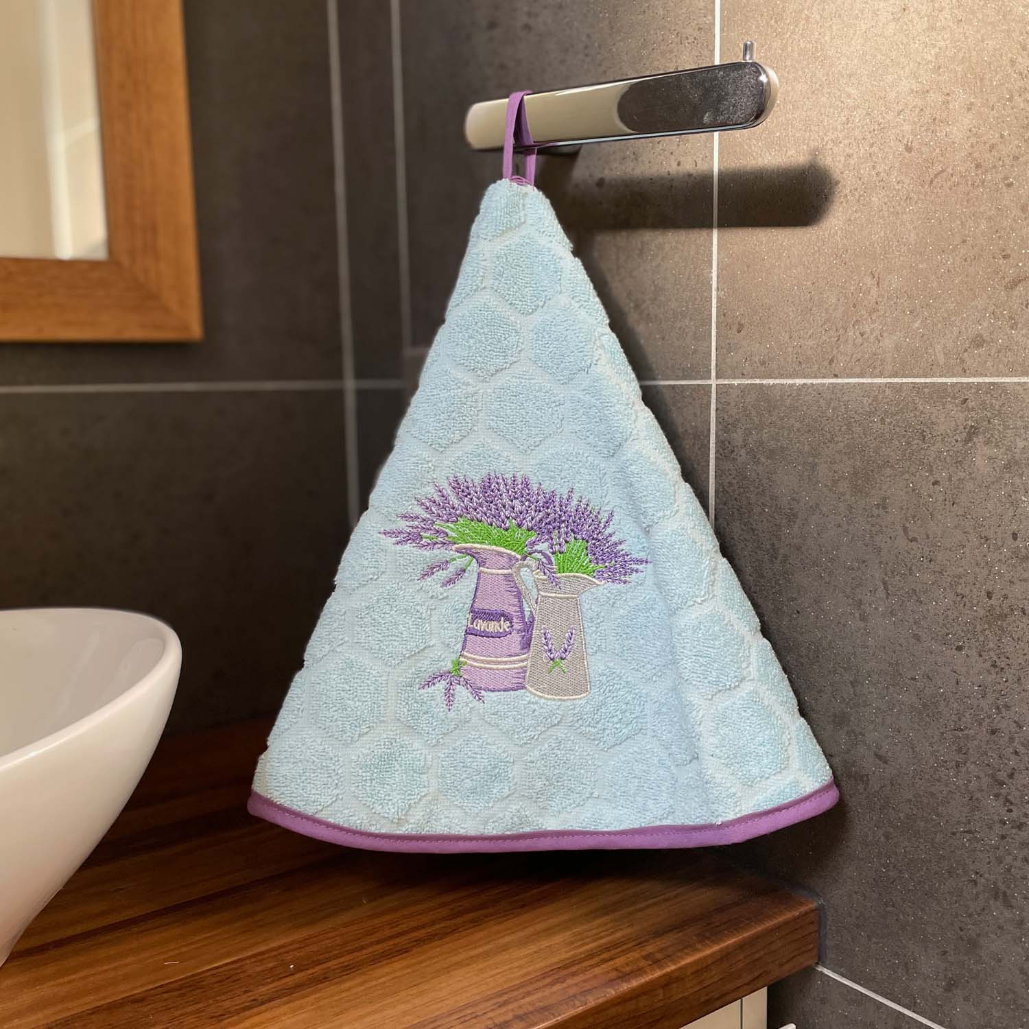 Round French Hand Towel Lavender Jugs Light Blue