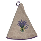 Beige towel with embroidered lavender design on a white background