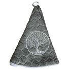 A dark gray textured kitchen towel with an embroidered tree of life design in the centre, hanging from a loop